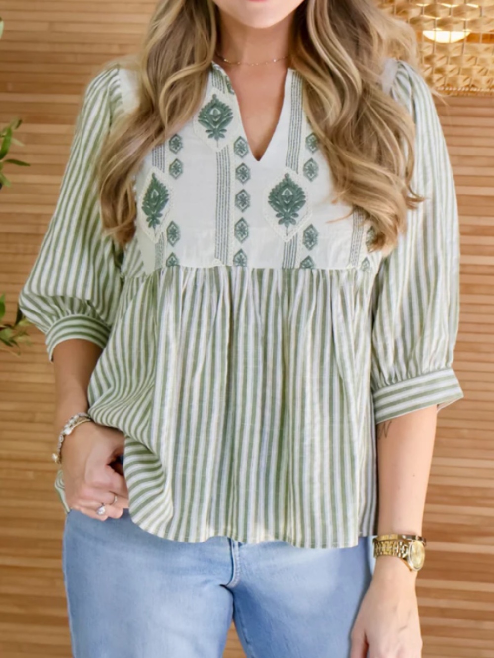 VOY Embroidered Striped Linen Blend Blouse Green/White Small Boho Relaxed Casual